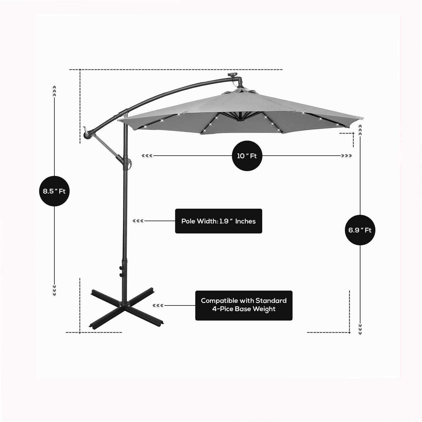 Parasol de terrasse à éclairage solaire de 3 mètres avec pied de support.