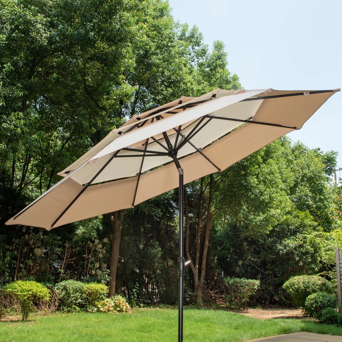 MAISON ARTS Parasol de jardin inclinable automatique à 3 niveaux de 3 mètres avec lumières LED et double ventilation