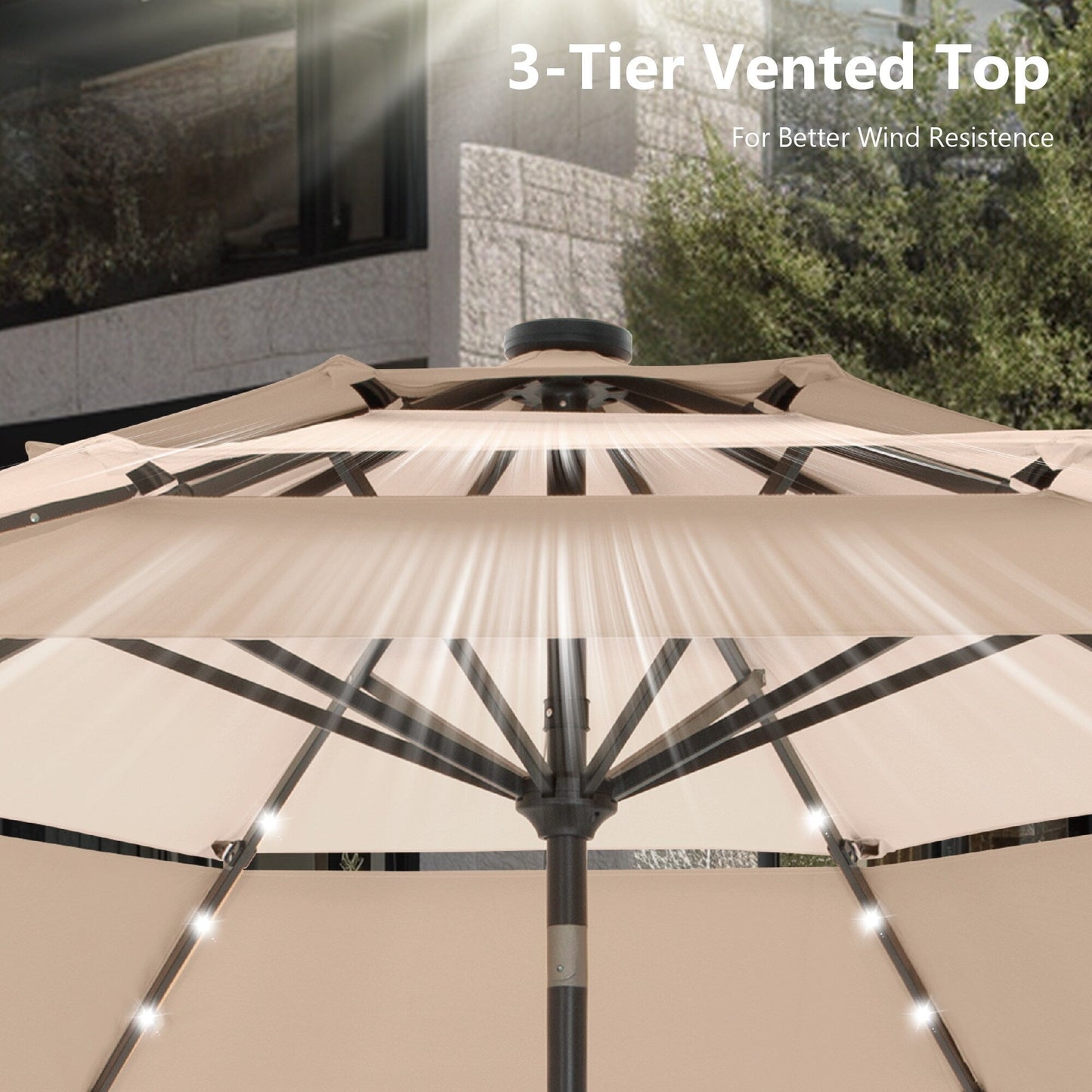 MAISON ARTS Parasol de jardin inclinable automatique à 3 niveaux de 3 mètres avec lumières LED et double ventilation