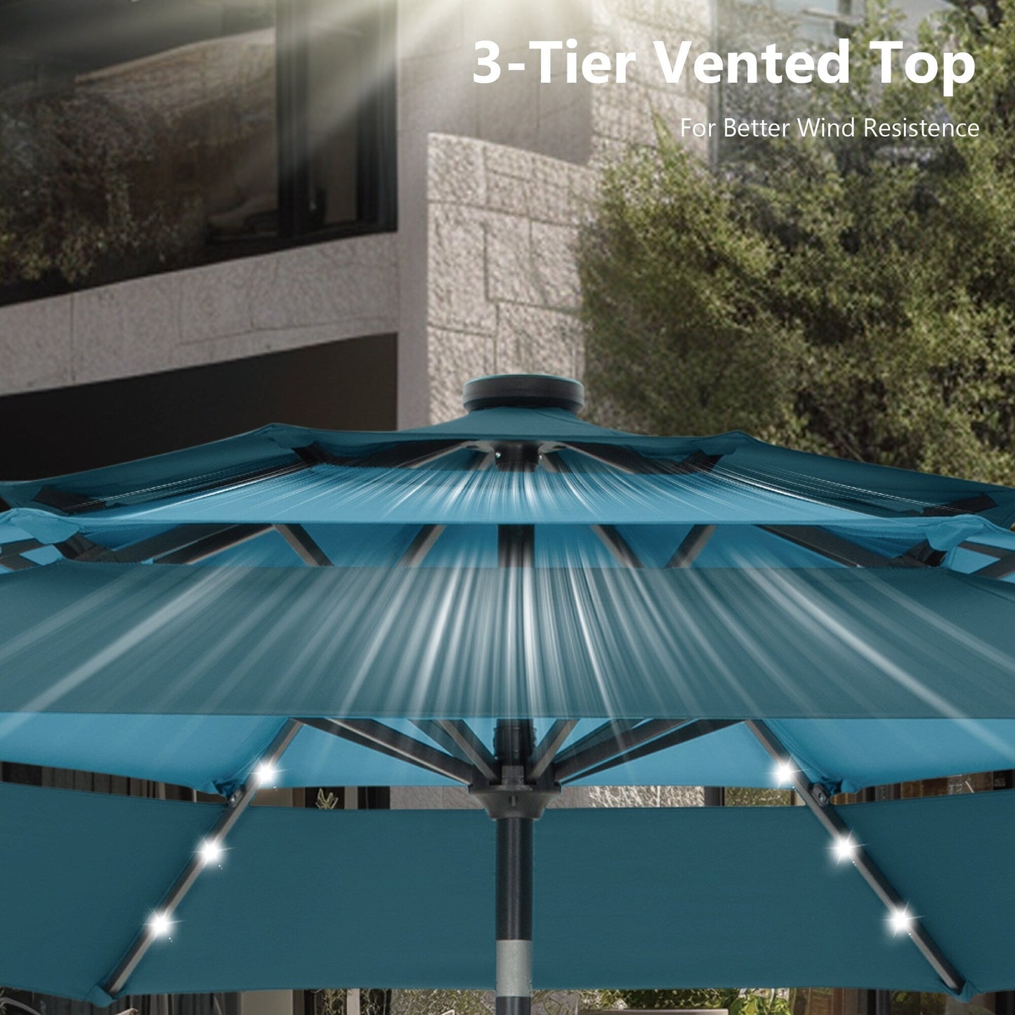 MAISON ARTS Parasol de jardin inclinable automatique à 3 niveaux de 3 mètres avec lumières LED et double ventilation