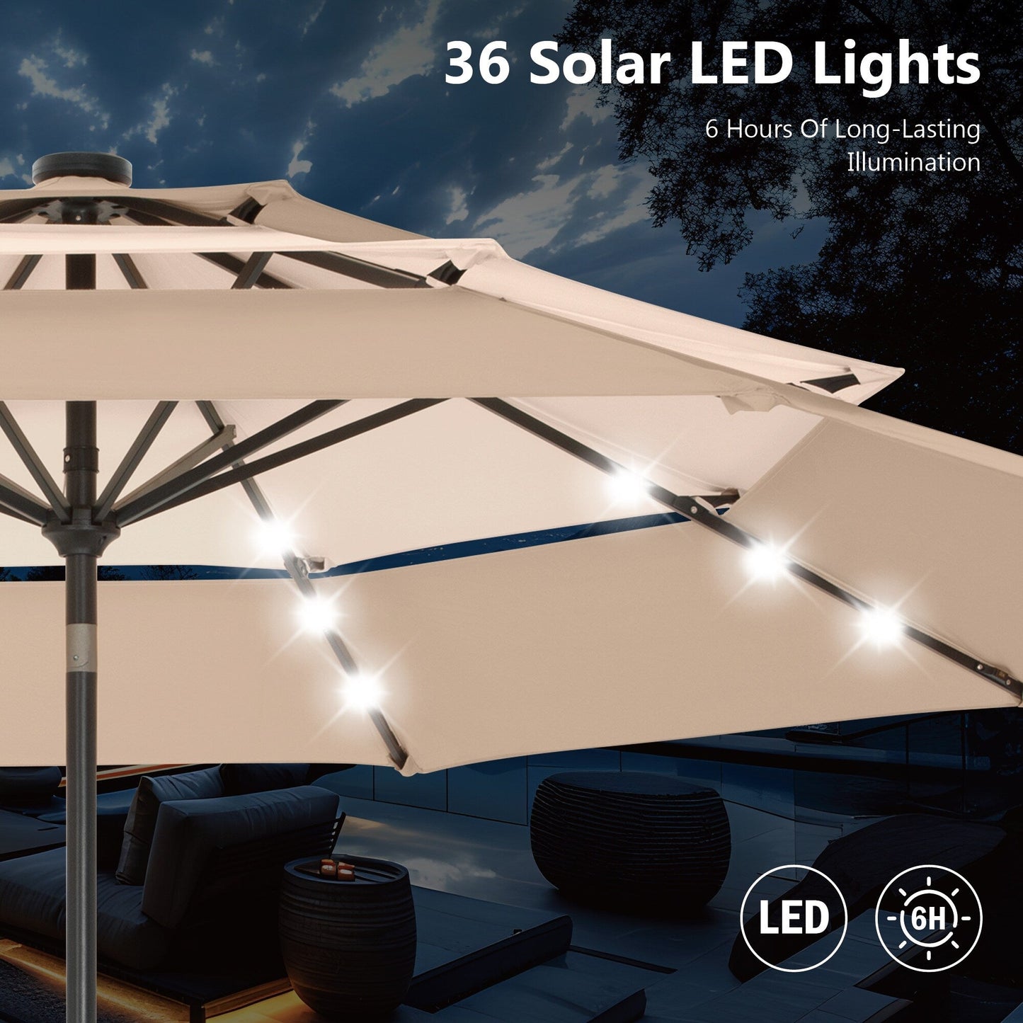 MAISON ARTS Parasol de jardin inclinable automatique à 3 niveaux de 3 mètres avec lumières LED et double ventilation