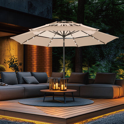 MAISON ARTS Parasol de jardin inclinable automatique à 3 niveaux de 3 mètres avec lumières LED et double ventilation