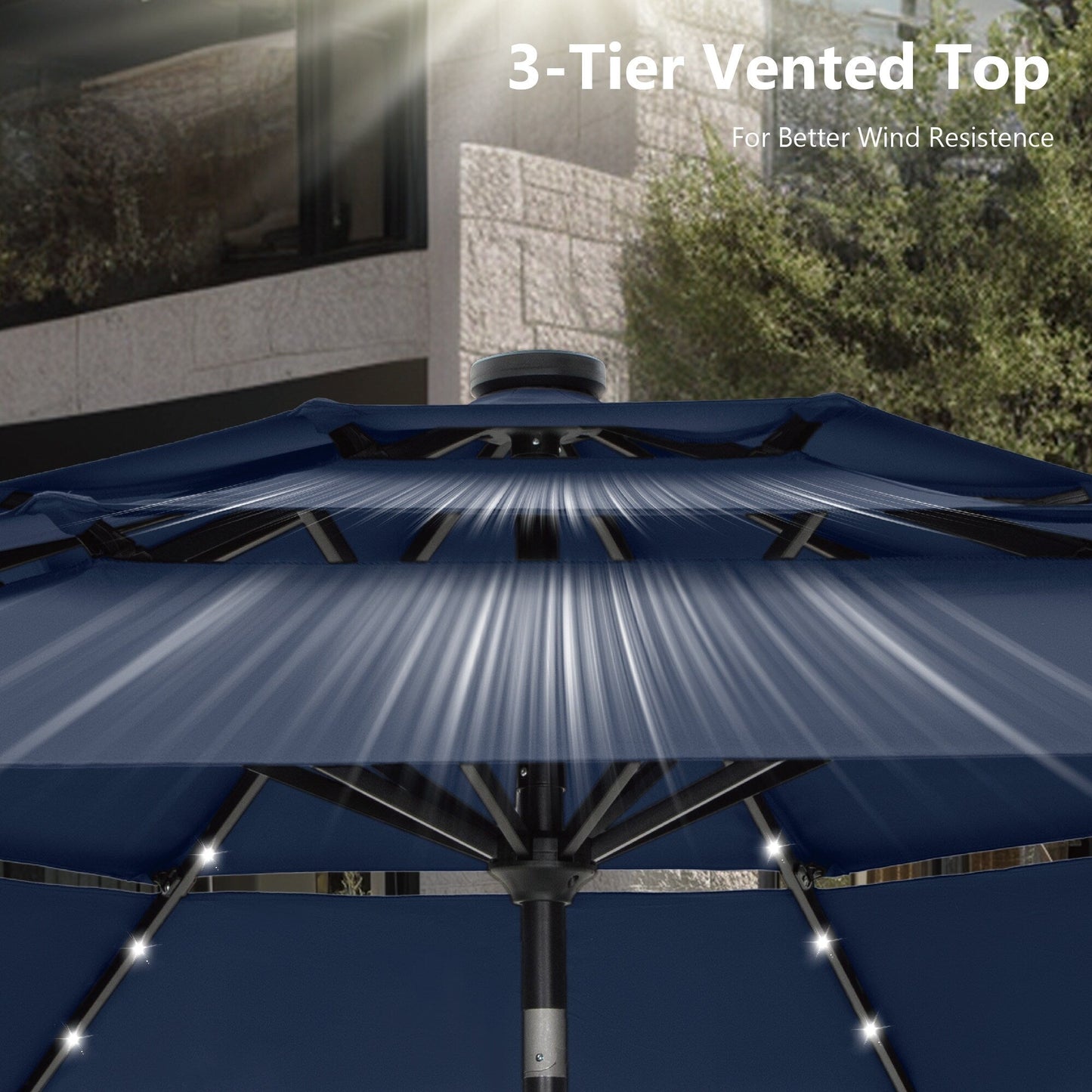 MAISON ARTS Parasol de jardin inclinable automatique à 3 niveaux de 3 mètres avec lumières LED et double ventilation