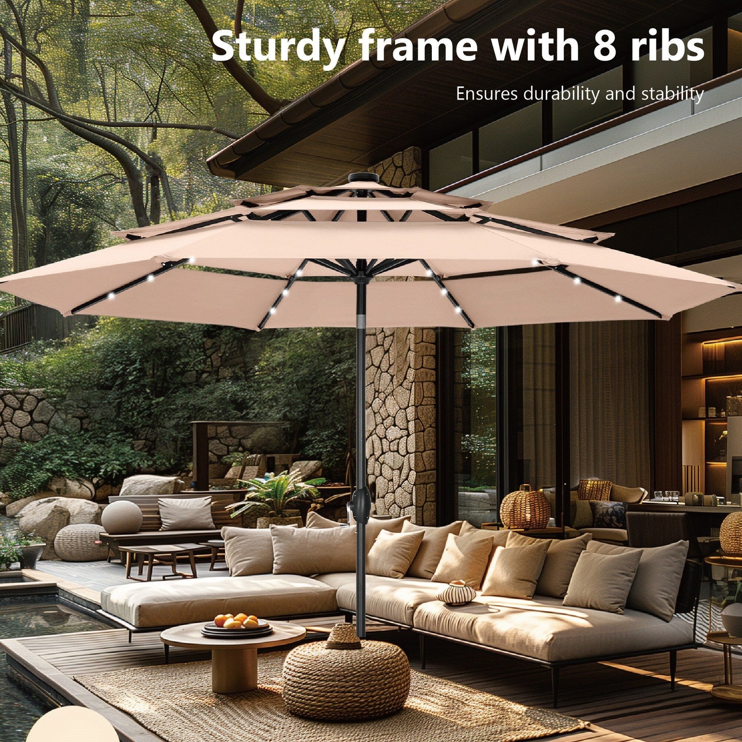 MAISON ARTS Parasol de jardin inclinable automatique à 3 niveaux de 3 mètres avec lumières LED et double ventilation