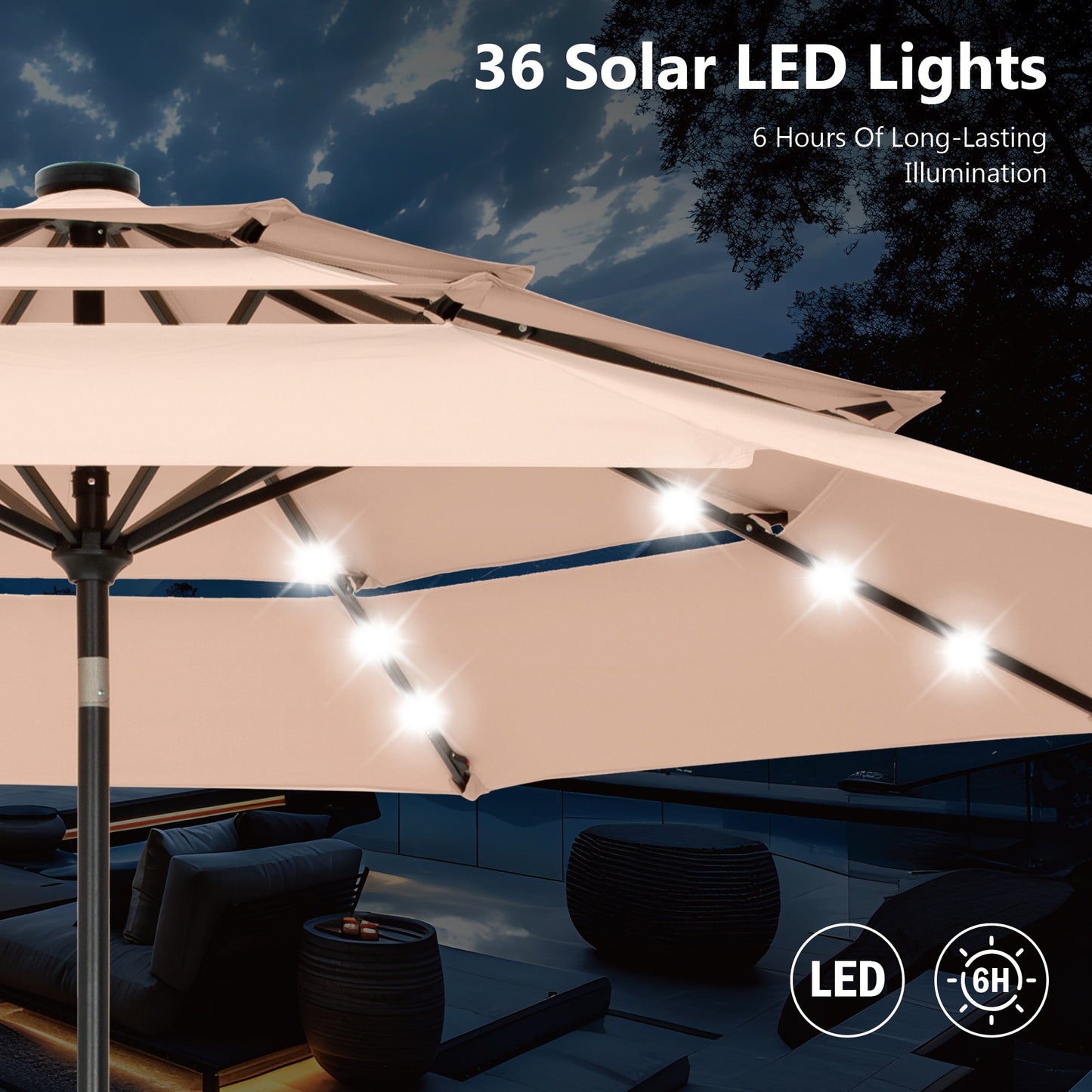 MAISON ARTS Parasol de jardin inclinable automatique à 3 niveaux de 3 mètres avec lumières LED et double ventilation