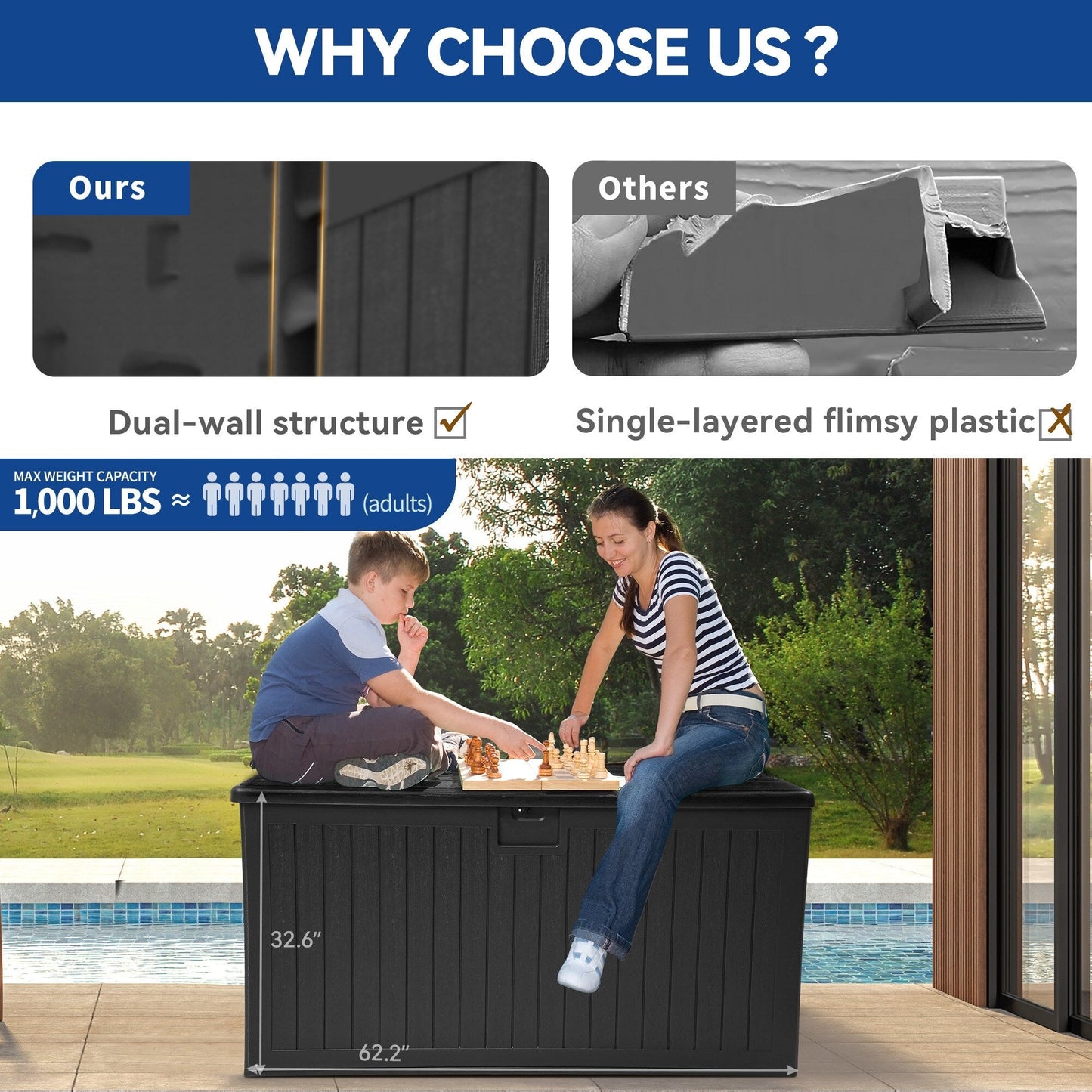 Grand coffre de rangement en résine résistant à l'eau, verrouillable, 120 à 260 gallons