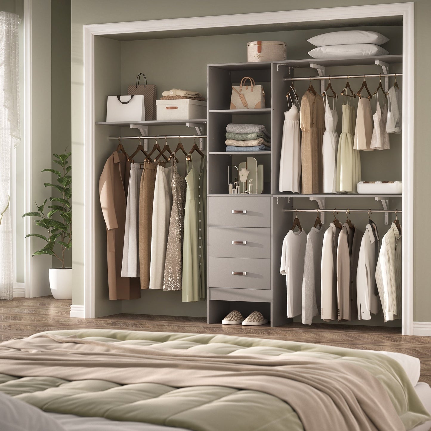 Rackcog Organisateur de placard réglable de 305 cm avec tiroirs, système de rangement avec étagères personnalisables pour placard à l'ancienne et placard aménagé.