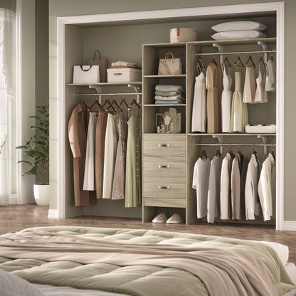 Rackcog Organisateur de placard réglable de 305 cm avec tiroirs, système de rangement avec étagères personnalisables pour placard à l'ancienne et placard aménagé.