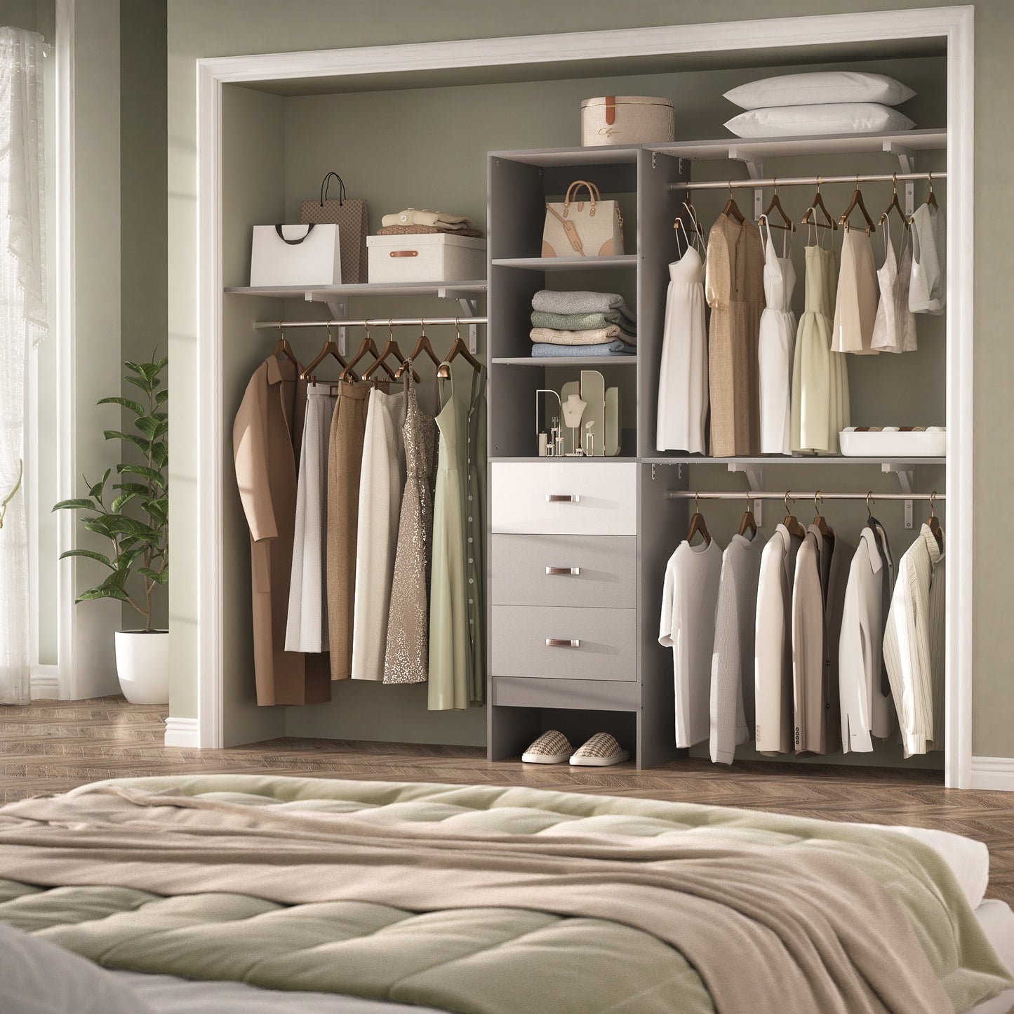 Rackcog Organisateur de placard réglable de 305 cm avec tiroirs, système de rangement avec étagères personnalisables pour placard à l'ancienne et placard aménagé.