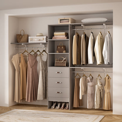 Rackcog Organisateur de placard réglable de 305 cm avec tiroirs, système de rangement avec étagères personnalisables pour placard à l'ancienne et placard aménagé.