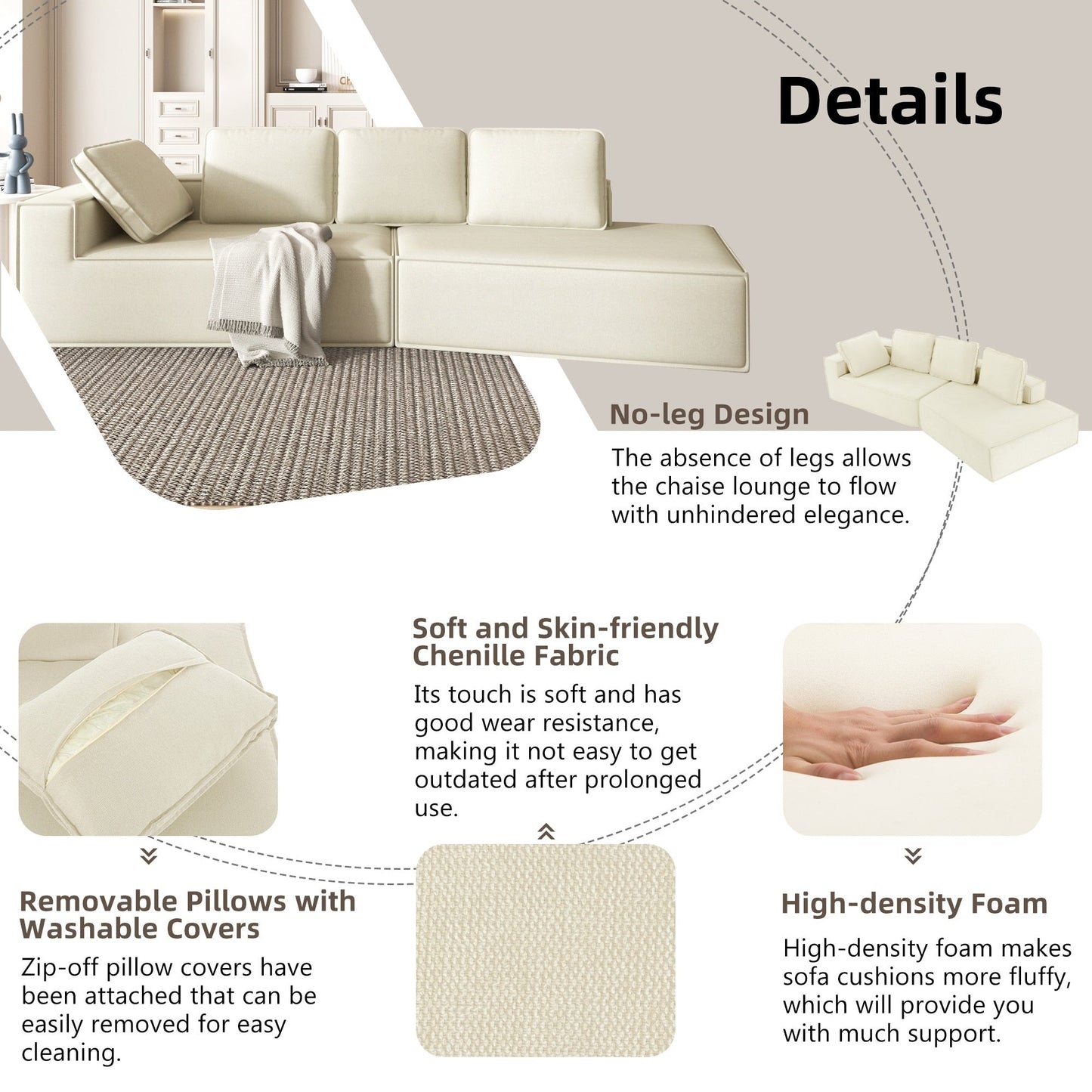 125 Chaise longue élégante, canapé-lit moderne pour intérieur, avec des lignes épurées pour le salon, beige.