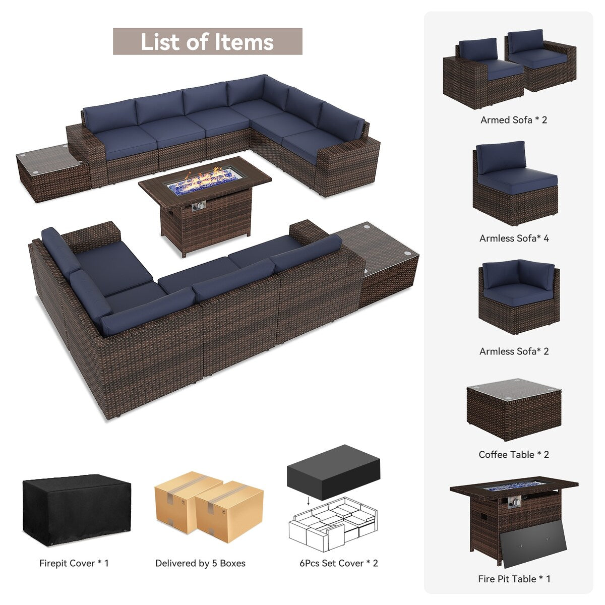 Ensemble de meubles de jardin 13 pièces avec foyer de 44 pouces