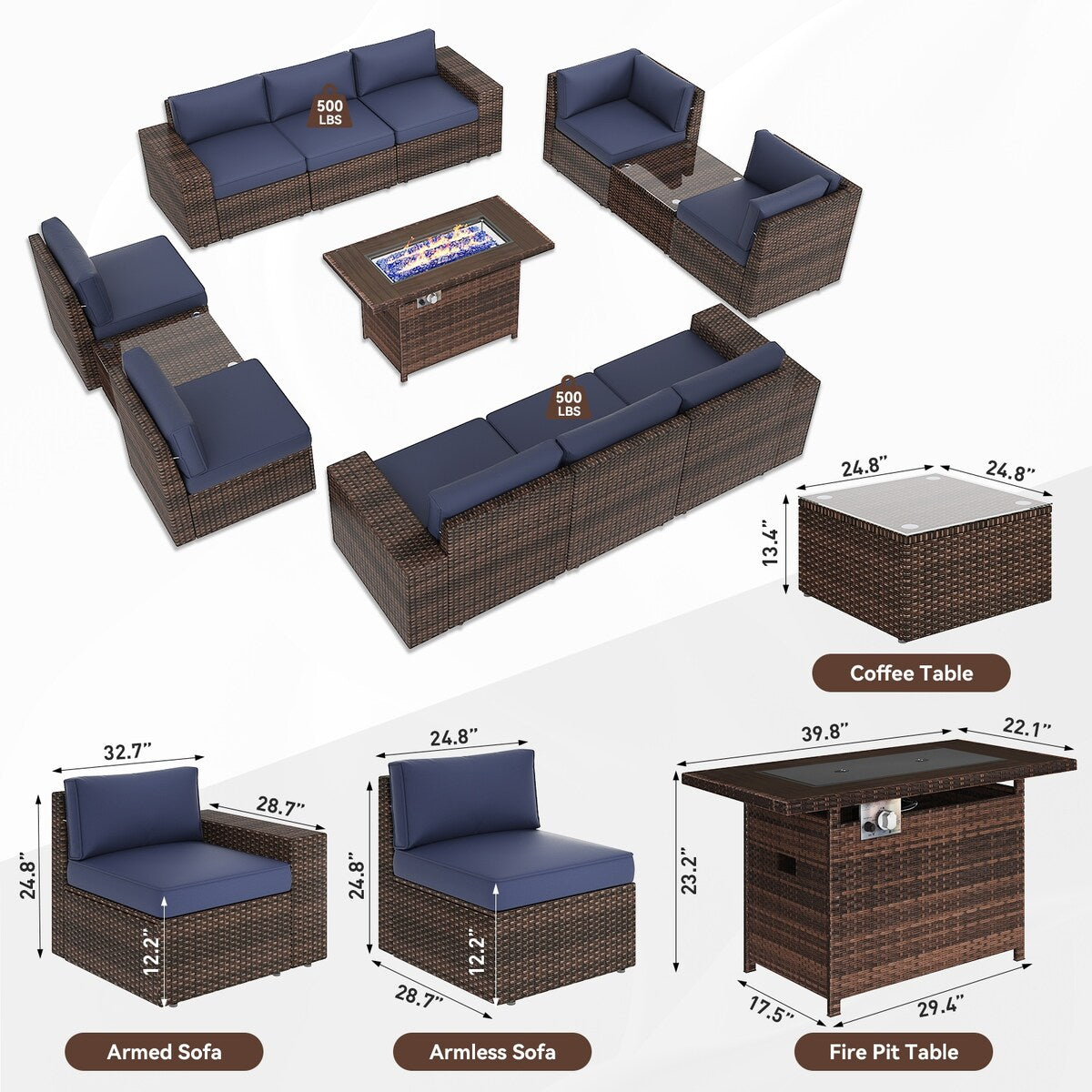 Ensemble de meubles de jardin 13 pièces avec foyer de 44 pouces