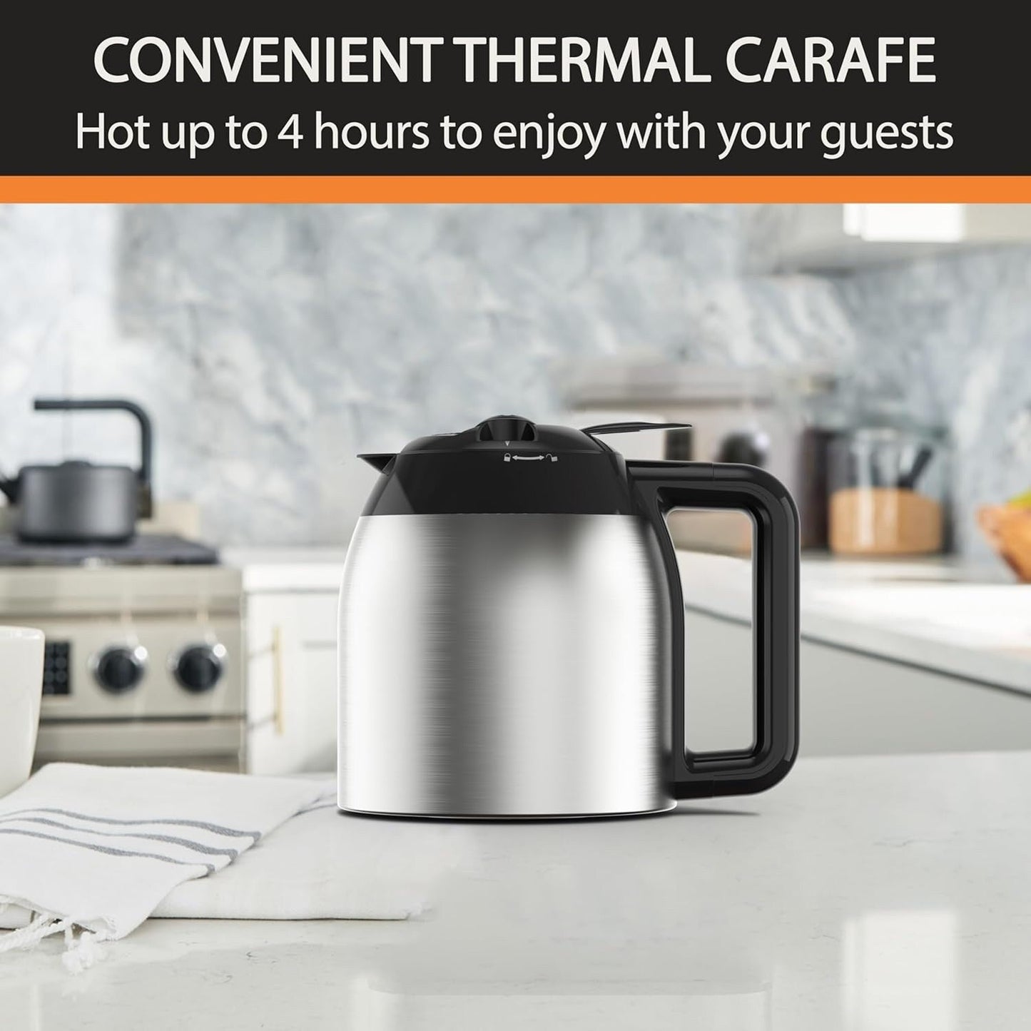 Machine à café programmable 14 tasses, carafe en acier inoxydable, 3 intensités de café, minuterie 24h, maintien au chaud 4h