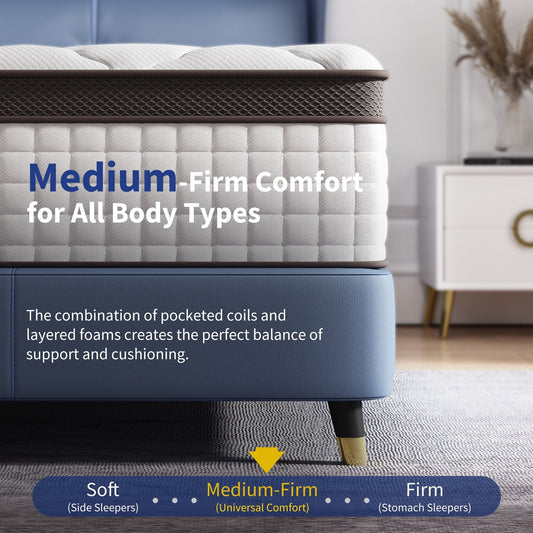 Matelas hybride en mousse à mémoire de forme de 35 cm (14 pouces) pour lits Queen et King, fermeté moyenne, avec support des bords, livré dans une boîte.