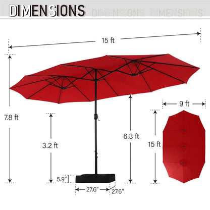 MAISON ARTS Parasol de jardin rectangulaire à manivelle de 4,5 mètres, double face, avec éclairage solaire à LED, pour terrasse, avec socle inclus.