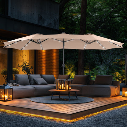 Parasol de terrasse rectangulaire de 4,5 mètres à manivelle, double face, pour extérieur, avec éclairage solaire LED et base incluse.