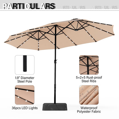 Parasol de terrasse rectangulaire de 4,5 mètres à manivelle, double face, pour extérieur, avec éclairage solaire LED et base incluse.