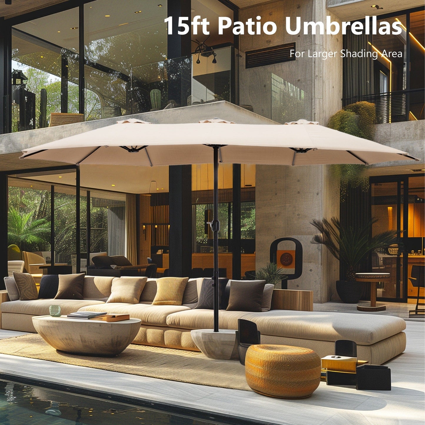 Parasol de terrasse rectangulaire de 4,5 mètres à manivelle, double face, pour extérieur, avec éclairage solaire LED et base incluse.