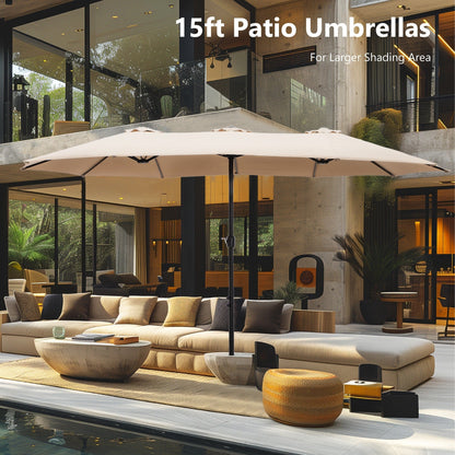 Parasol de terrasse rectangulaire de 4,5 mètres à manivelle, double face, pour extérieur, avec éclairage solaire LED et base incluse.