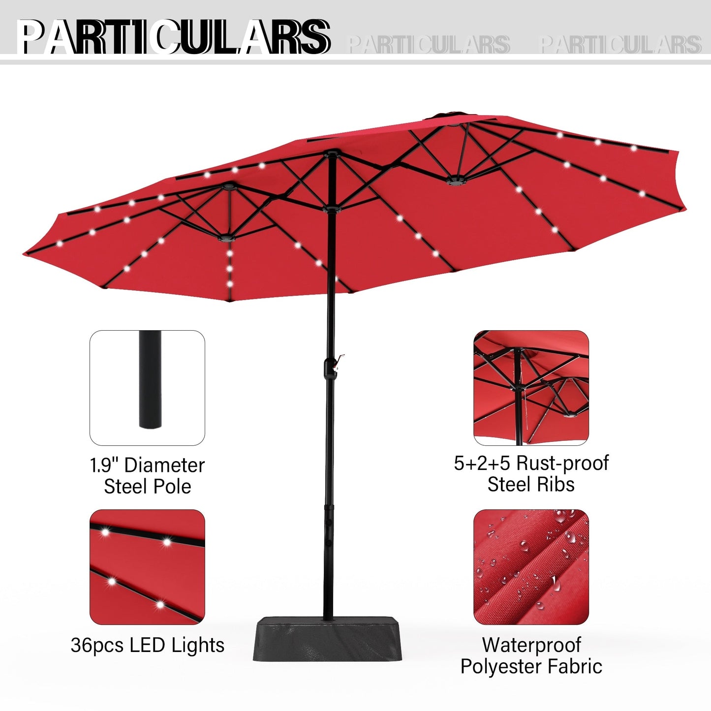 Parasol de terrasse rectangulaire de 4,5 mètres à manivelle, double face, pour extérieur, avec éclairage solaire LED et base incluse.