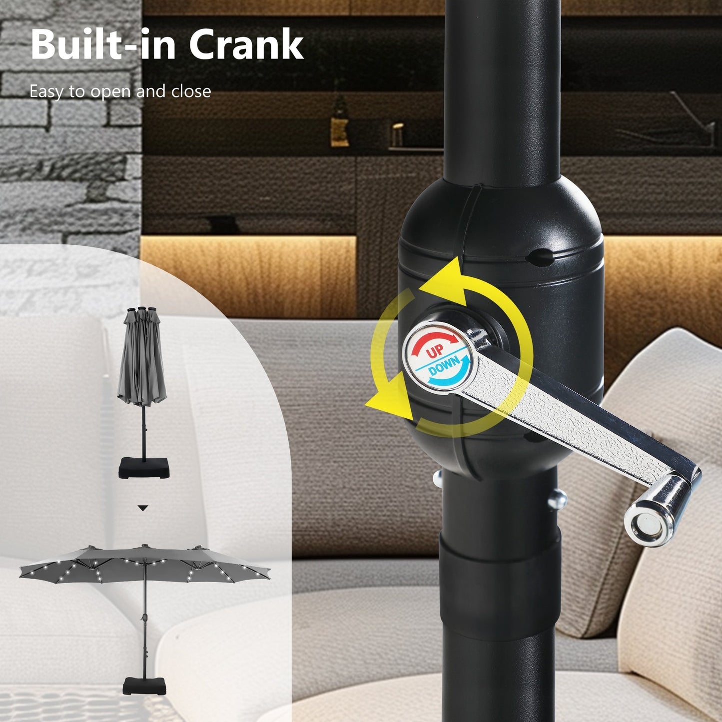 MAISON ARTS Parasol de jardin rectangulaire à manivelle de 4,5 mètres, double face, avec éclairage solaire à LED, pour terrasse, avec socle inclus.