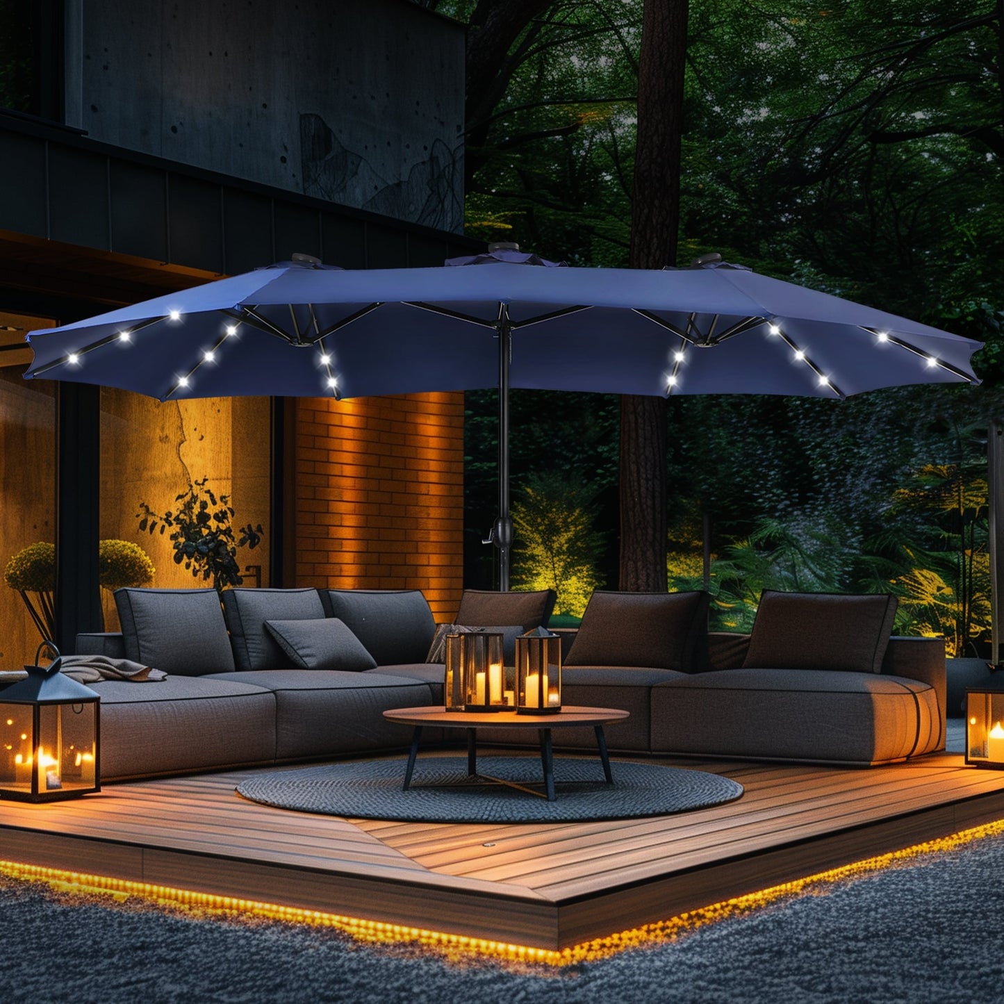Parasol de terrasse rectangulaire de 4,5 mètres à manivelle, double face, pour extérieur, avec éclairage solaire LED et base incluse.