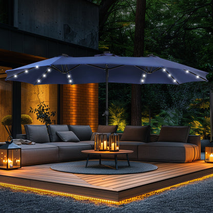 Parasol de terrasse rectangulaire de 4,5 mètres à manivelle, double face, pour extérieur, avec éclairage solaire LED et base incluse.