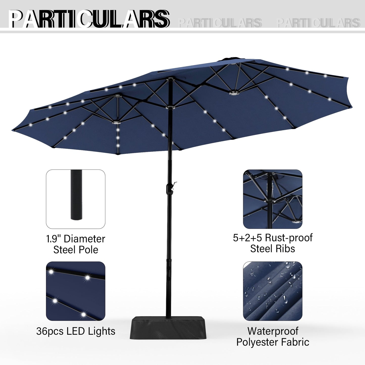 Parasol de terrasse rectangulaire de 4,5 mètres à manivelle, double face, pour extérieur, avec éclairage solaire LED et base incluse.