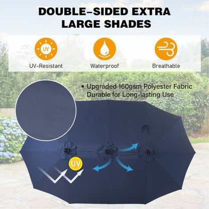 Parasol de terrasse rectangulaire de 4,5 mètres à manivelle, double face, pour extérieur, avec éclairage solaire LED et base incluse.