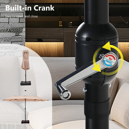 Parasol de terrasse rectangulaire de 4,5 mètres à manivelle, double face, pour extérieur, avec éclairage solaire LED et base incluse.