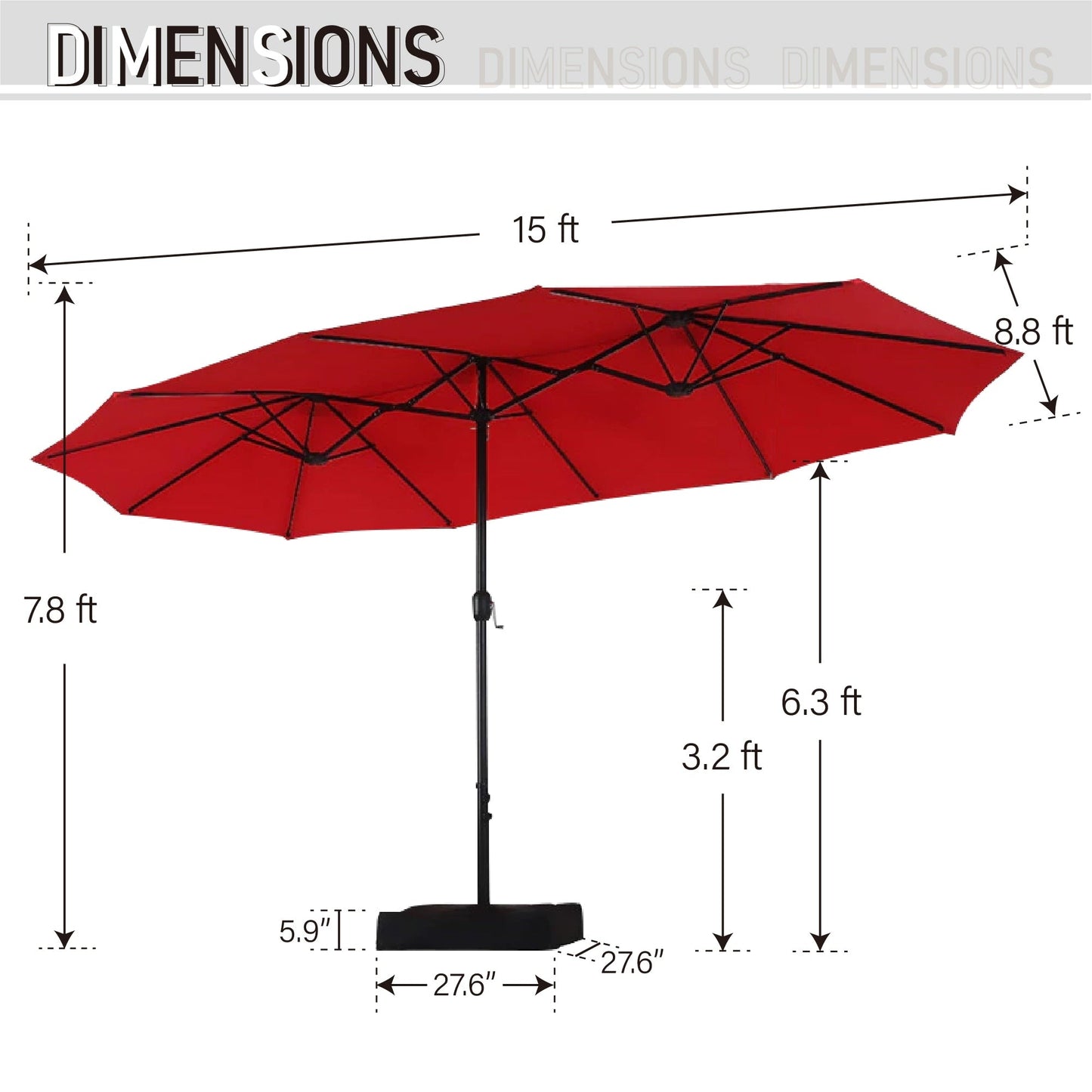 Parasol de terrasse rectangulaire de 4,5 mètres à manivelle, double face, pour extérieur, avec éclairage solaire LED et base incluse.