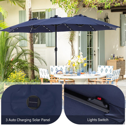 Parasol de terrasse rectangulaire de 4,5 mètres à manivelle, double face, pour extérieur, avec éclairage solaire LED et base incluse.