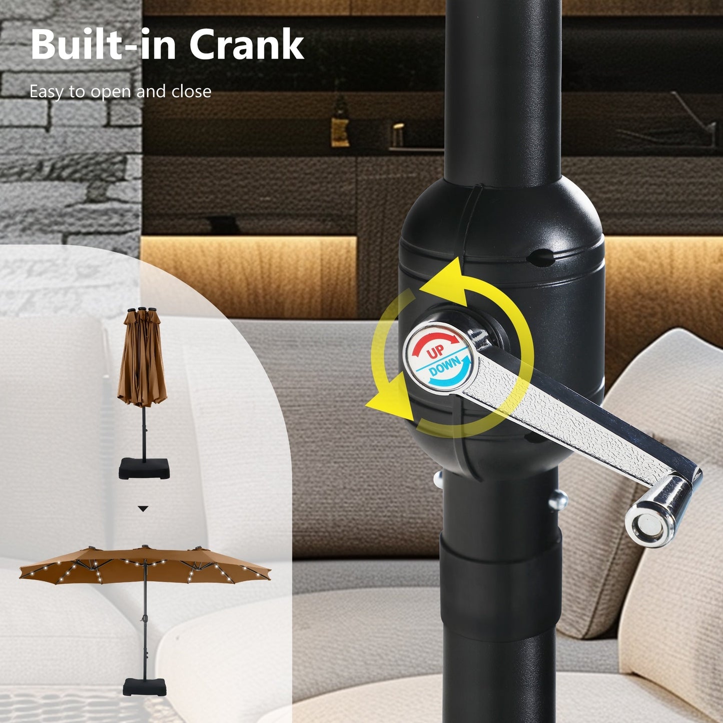 MAISON ARTS Parasol de jardin rectangulaire à manivelle de 4,5 mètres, double face, avec éclairage solaire à LED, pour terrasse, avec socle inclus.