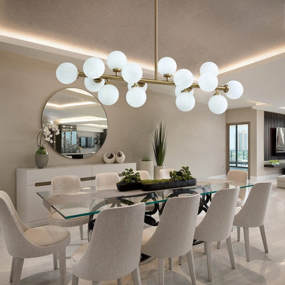 Luminaire linéaire à suspension Sputnik à 16 lumières, style moderne du milieu du siècle, en laiton doré, 40 po, avec globe en verre dépoli pour salle à manger