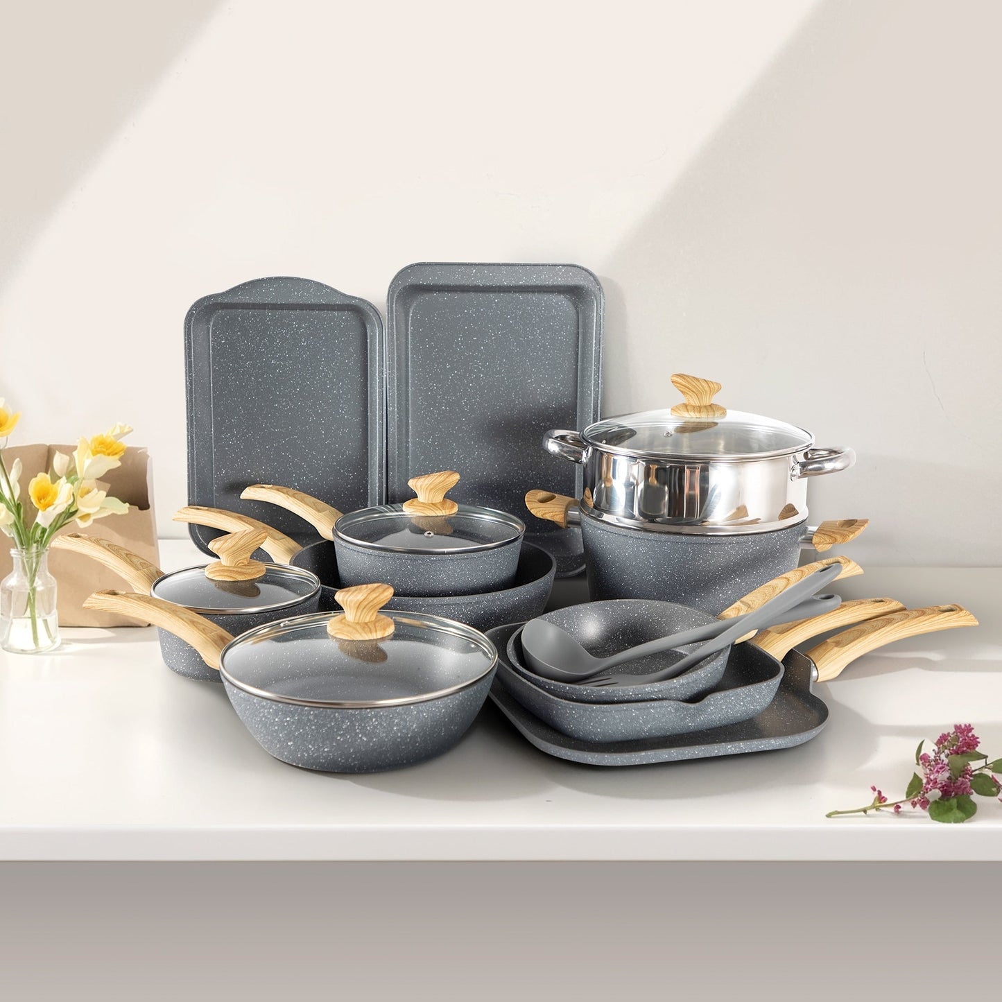 Ensemble de cuisine 17 pièces en granit, ensemble de casseroles et poêles antiadhésives