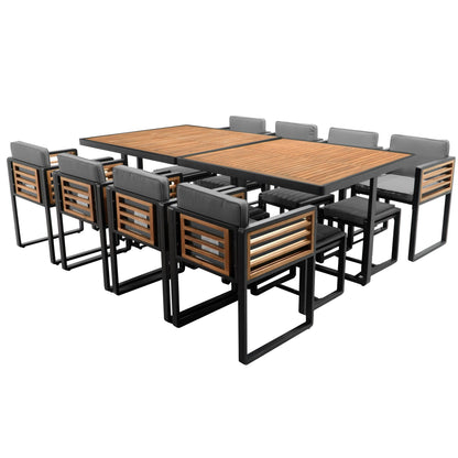 Ensemble de salle à manger de patio en bois d'acacia, 18 pièces, 8 chaises avec coussins, 8 poufs et 2 tables carrées.