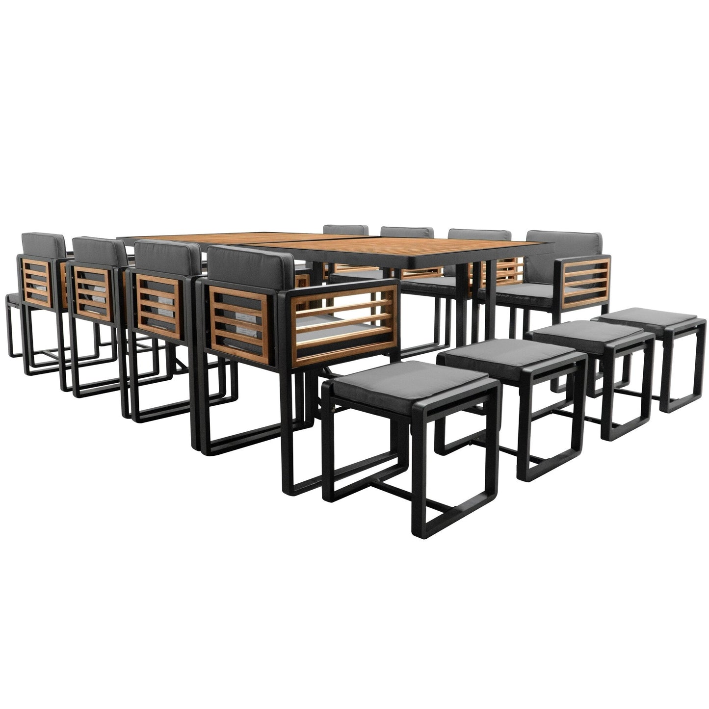 Ensemble de salle à manger de patio en bois d'acacia, 18 pièces, 8 chaises avec coussins, 8 poufs et 2 tables carrées.