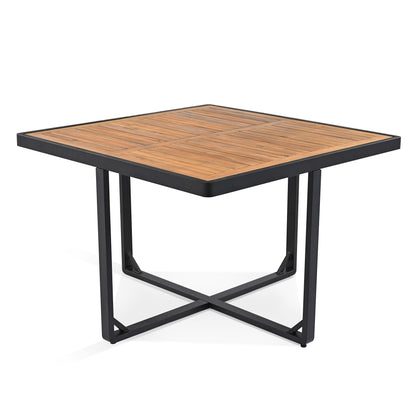 Ensemble de salle à manger de patio en bois d'acacia, 18 pièces, 8 chaises avec coussins, 8 poufs et 2 tables carrées.