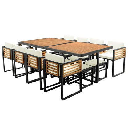 Ensemble de salle à manger de patio en bois d'acacia, 18 pièces, 8 chaises avec coussins, 8 poufs et 2 tables carrées.