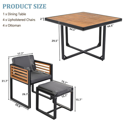 Ensemble de salle à manger de patio en bois d'acacia, 18 pièces, 8 chaises avec coussins, 8 poufs et 2 tables carrées.