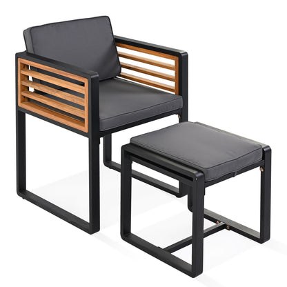 Ensemble de salle à manger de patio en bois d'acacia, 18 pièces, 8 chaises avec coussins, 8 poufs et 2 tables carrées.