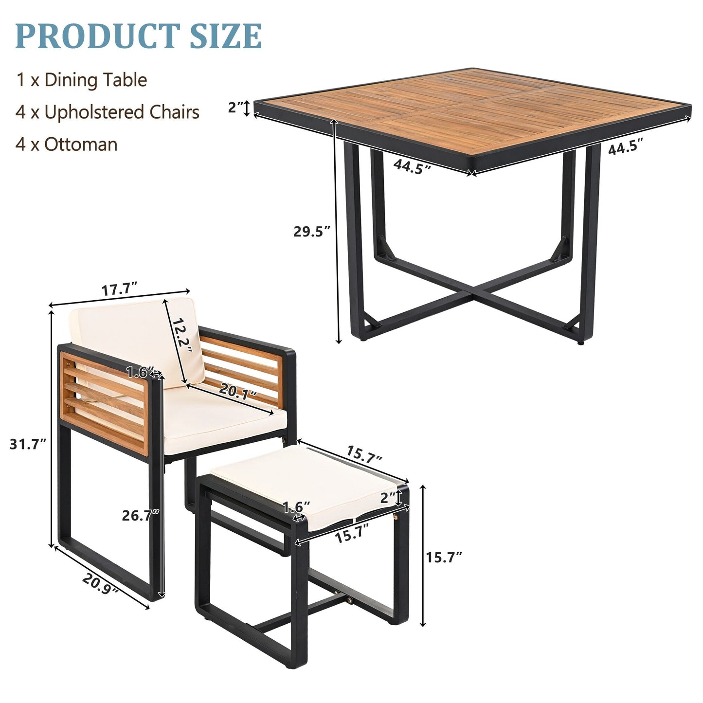 Ensemble de salle à manger de patio en bois d'acacia, 18 pièces, 8 chaises avec coussins, 8 poufs et 2 tables carrées.