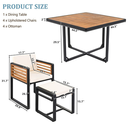 Ensemble de salle à manger de patio en bois d'acacia, 18 pièces, 8 chaises avec coussins, 8 poufs et 2 tables carrées.