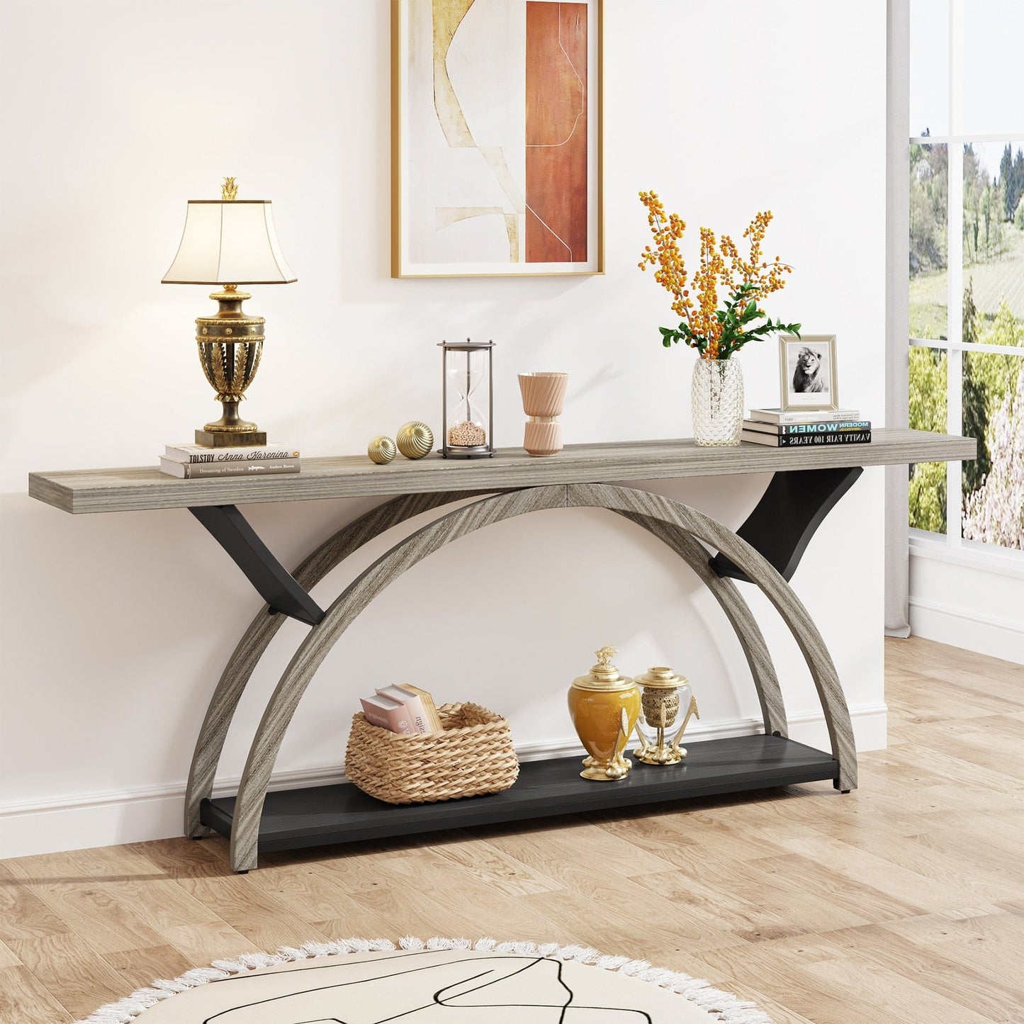 Table de console étroite et longue à 2 niveaux avec cadre semi-circulaire pour entrée, tables d'appoint de couloir grises