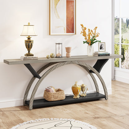 Table de console étroite et longue à 2 niveaux avec cadre semi-circulaire pour entrée, tables d'appoint de couloir grises