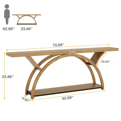 Table de console étroite et longue à 2 niveaux avec cadre semi-circulaire pour entrée, tables d'appoint de couloir grises