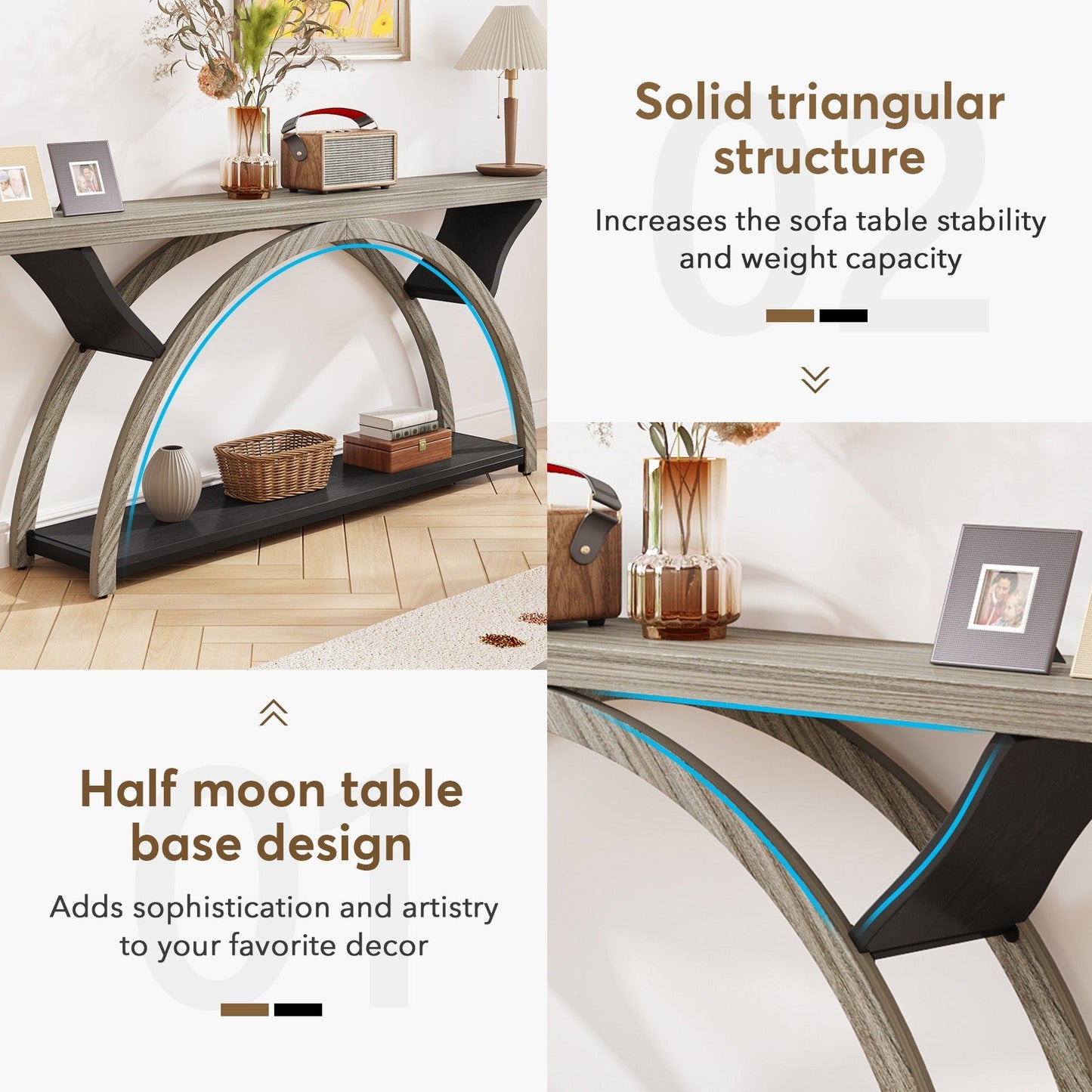 Table de console étroite et longue à 2 niveaux avec cadre semi-circulaire pour entrée, tables d'appoint de couloir grises