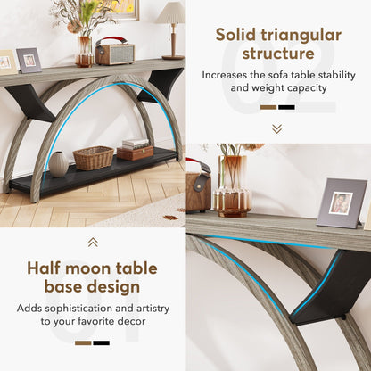 Table de console étroite et longue à 2 niveaux avec cadre semi-circulaire pour entrée, tables d'appoint de couloir grises
