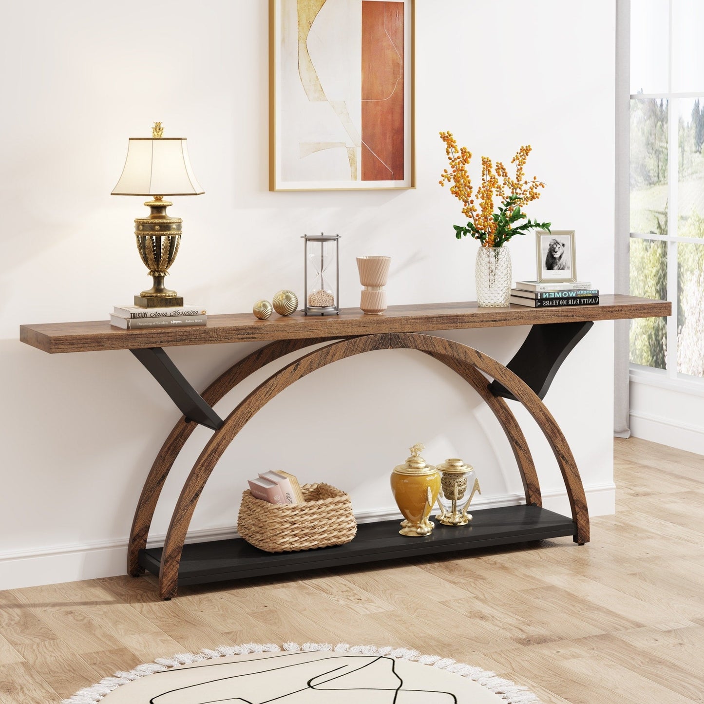 Table de console étroite et longue à 2 niveaux avec cadre semi-circulaire pour entrée, tables d'appoint de couloir grises